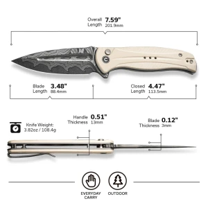 Cuțit pliabil, civivi, incindie c23053-ds1, lamă damascus 3.48 inch, mâner g10, blocare tip button lock Thumbnail 12