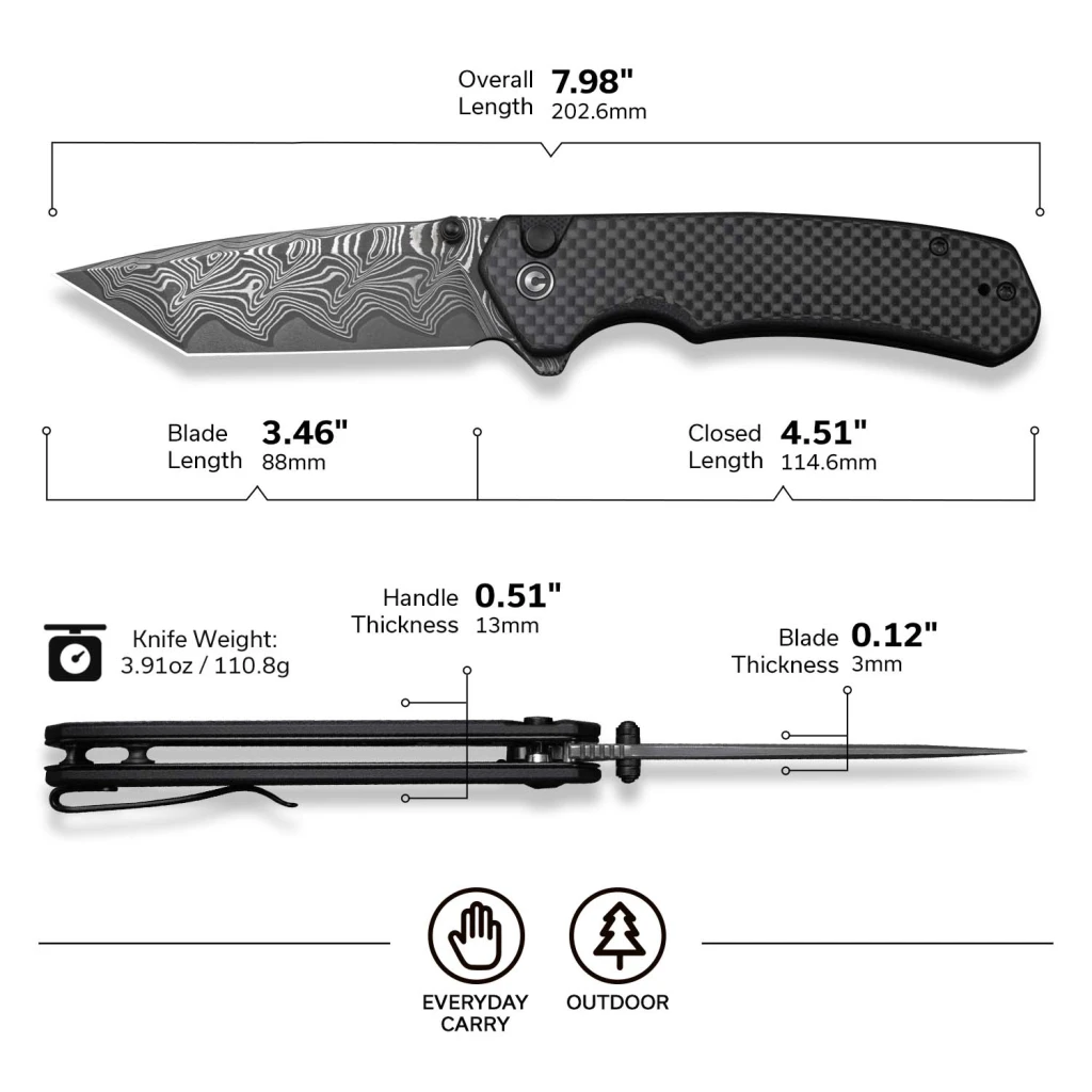 Cuțit pliabil, civivi, button lock brazen c19059c-ds1, damasc, blocare cu buton, mâner carbon fiber pe g10, deschidere flipper și thumb stud 14