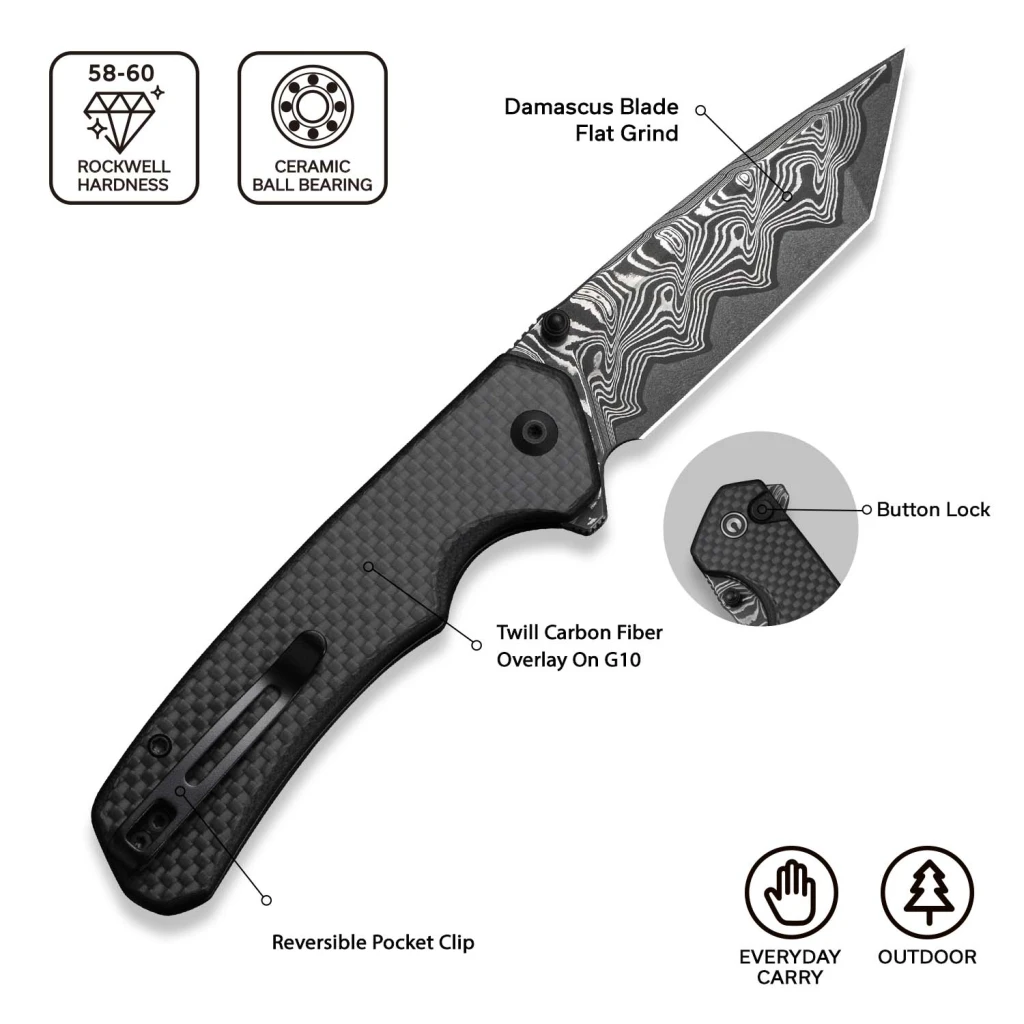 Cuțit pliabil, civivi, button lock brazen c19059c-ds1, damasc, blocare cu buton, mâner carbon fiber pe g10, deschidere flipper și thumb stud 13