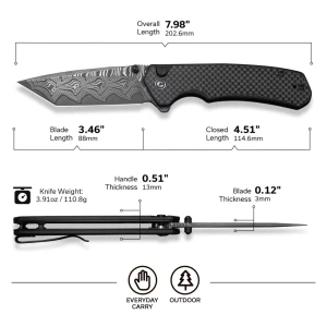 Cuțit pliabil, civivi, button lock brazen c19059c-ds1, damasc, blocare cu buton, mâner carbon fiber pe g10, deschidere flipper și thumb stud Thumbnail 14
