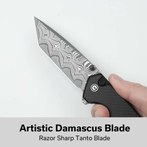 Cuțit pliabil, civivi, button lock brazen c19059c-ds1, damasc, blocare cu buton, mâner carbon fiber pe g10, deschidere flipper și thumb stud Thumbnail 9