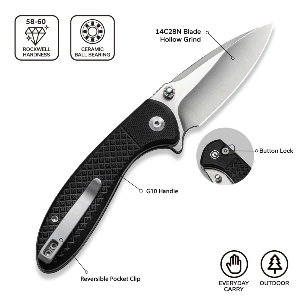 Cuțit pliabil, civivi, faeger c24031-1, lamă 14c28n 2.98 inch, mâner g10 negru, button lock 13