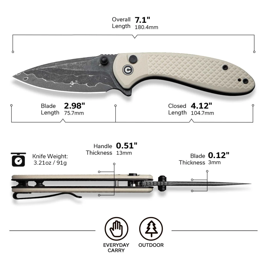 Cuțit pliabil, civivi, faeger c24031-ds1, lamă damascus 2.98 inch, mâner g10 ivoire, blocare cu buton 14
