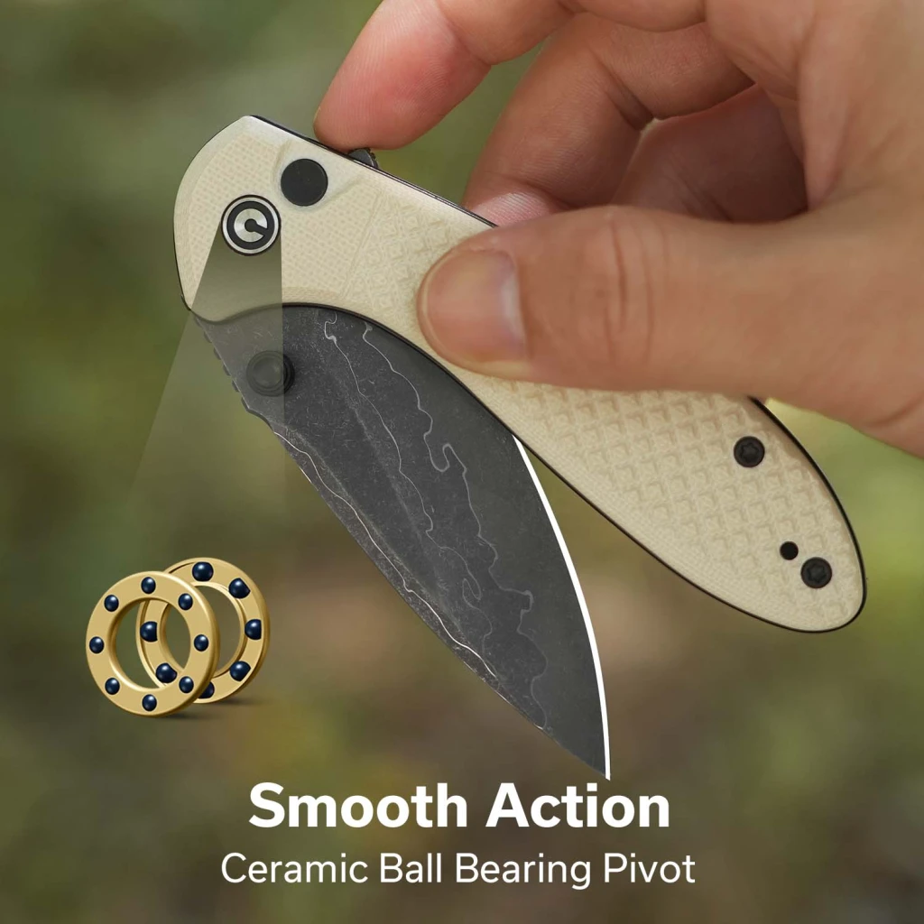 Cuțit pliabil, civivi, faeger c24031-ds1, lamă damascus 2.98 inch, mâner g10 ivoire, blocare cu buton 10
