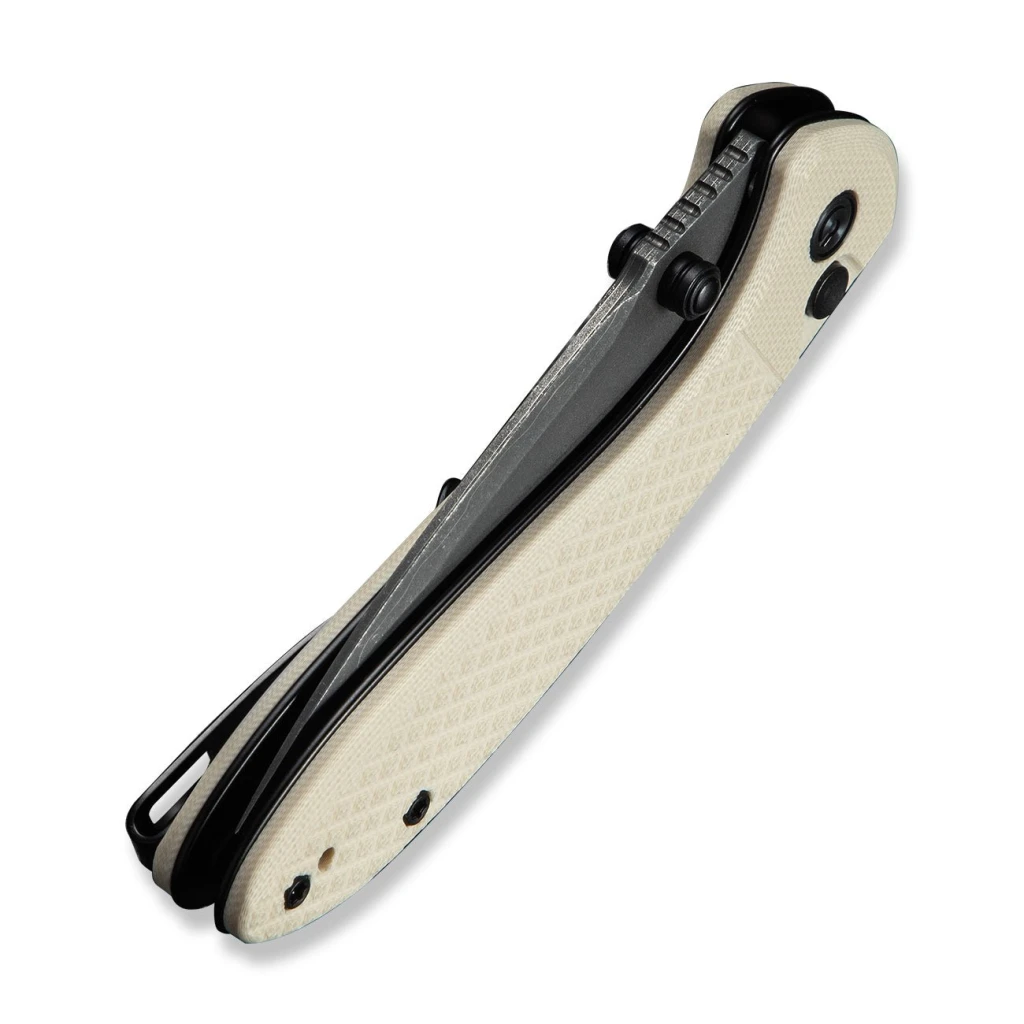 Cuțit pliabil, civivi, faeger c24031-ds1, lamă damascus 2.98 inch, mâner g10 ivoire, blocare cu buton 6