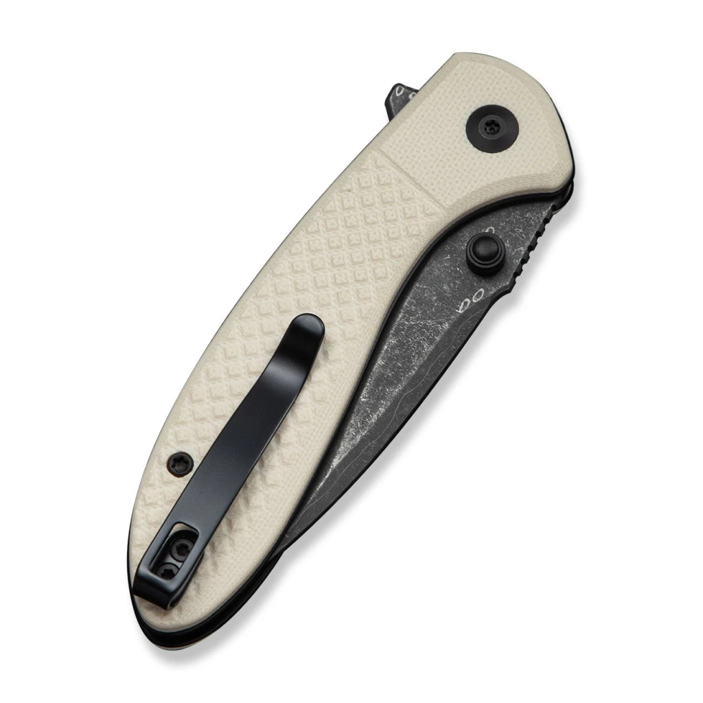 Cuțit pliabil, civivi, faeger c24031-ds1, lamă damascus 2.98 inch, mâner g10 ivoire, blocare cu buton 5