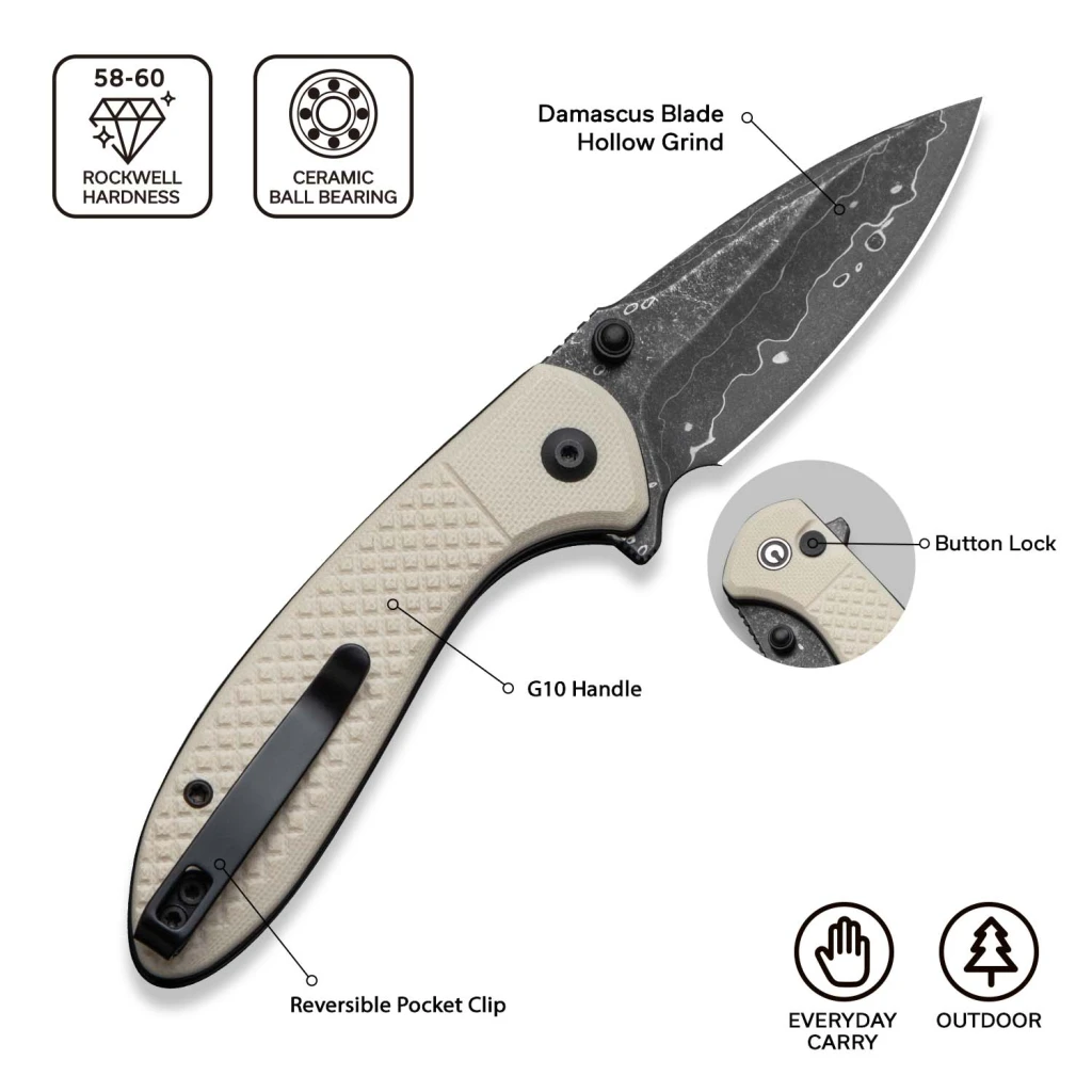 Cuțit pliabil, civivi, faeger c24031-ds1, lamă damascus 2.98 inch, mâner g10 ivoire, blocare cu buton 13