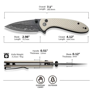 Cuțit pliabil, civivi, faeger c24031-ds1, lamă damascus 2.98 inch, mâner g10 ivoire, blocare cu buton Thumbnail 14