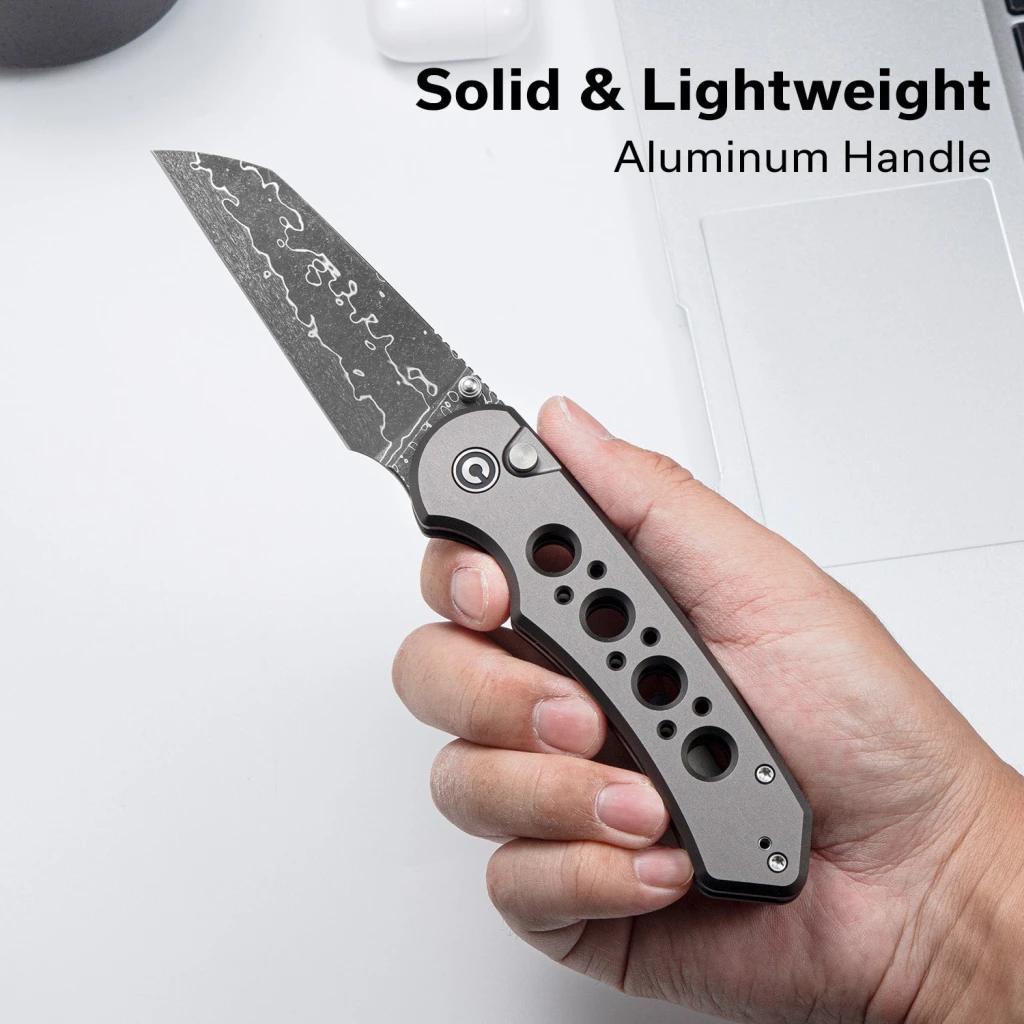 Cuțit pliabil, civivi, pragma prime c24067-ds1, lamă damascus 3.49 inch, mâner aluminiu, button lock 9