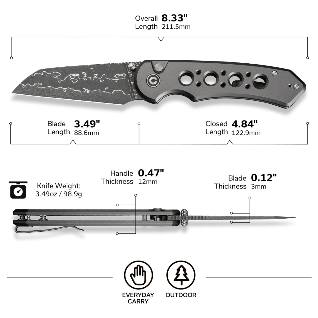 Cuțit pliabil, civivi, pragma prime c24067-ds1, lamă damascus 3.49 inch, mâner aluminiu, button lock 14