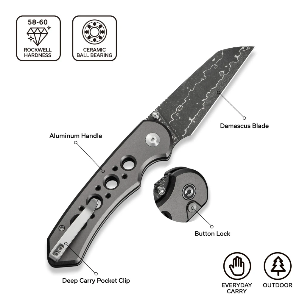 Cuțit pliabil, civivi, pragma prime c24067-ds1, lamă damascus 3.49 inch, mâner aluminiu, button lock 13