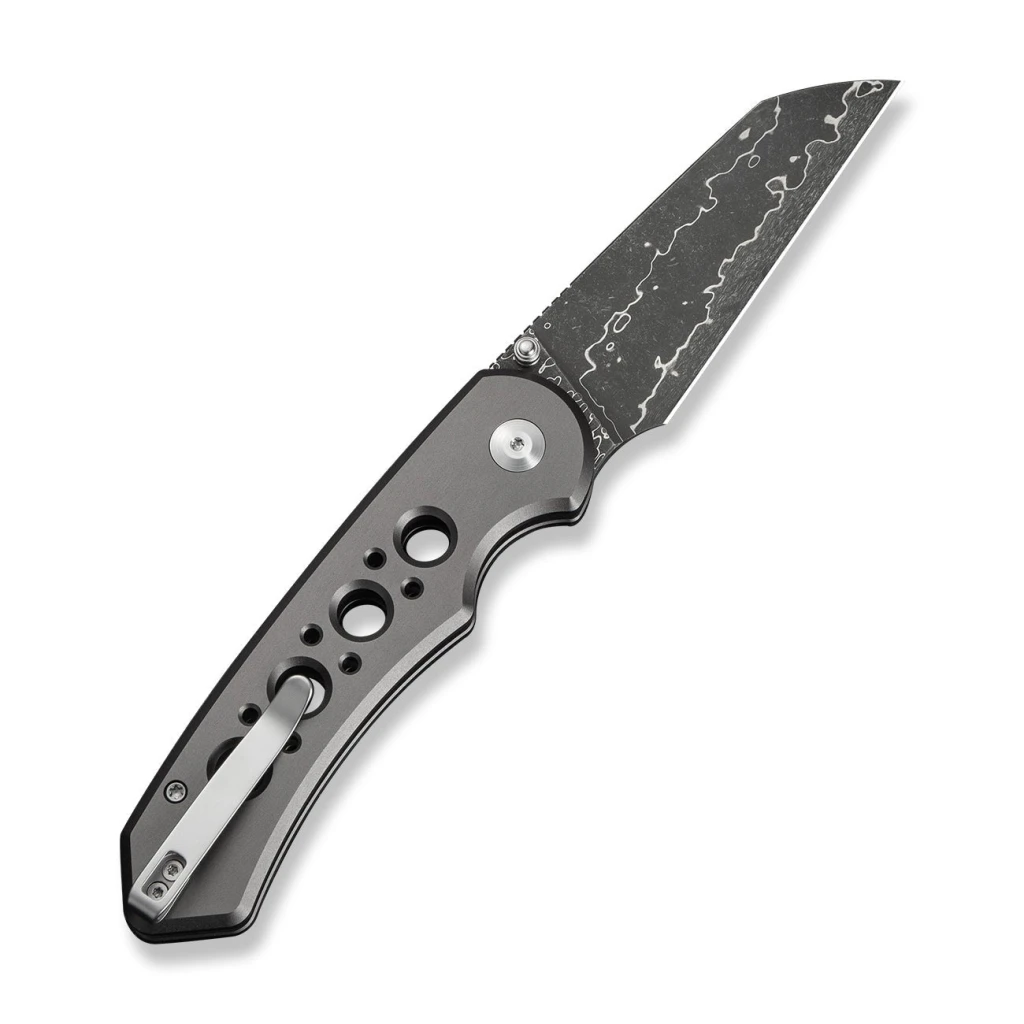 Cuțit pliabil, civivi, pragma prime c24067-ds1, lamă damascus 3.49 inch, mâner aluminiu, button lock 15
