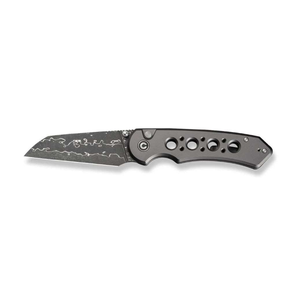 Cuțit pliabil, civivi, pragma prime c24067-ds1, lamă damascus 3.49 inch, mâner aluminiu, button lock 3