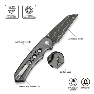 Cuțit pliabil, civivi, pragma prime c24067-ds1, lamă damascus 3.49 inch, mâner aluminiu, button lock Thumbnail 13