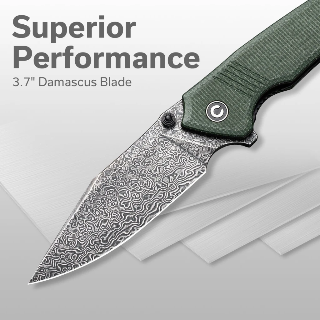 Cuțit pliabil, civivi, tranquil c23027-ds1, lamă damasc 3.7 inch, mâner canvas micarta, liner lock 7