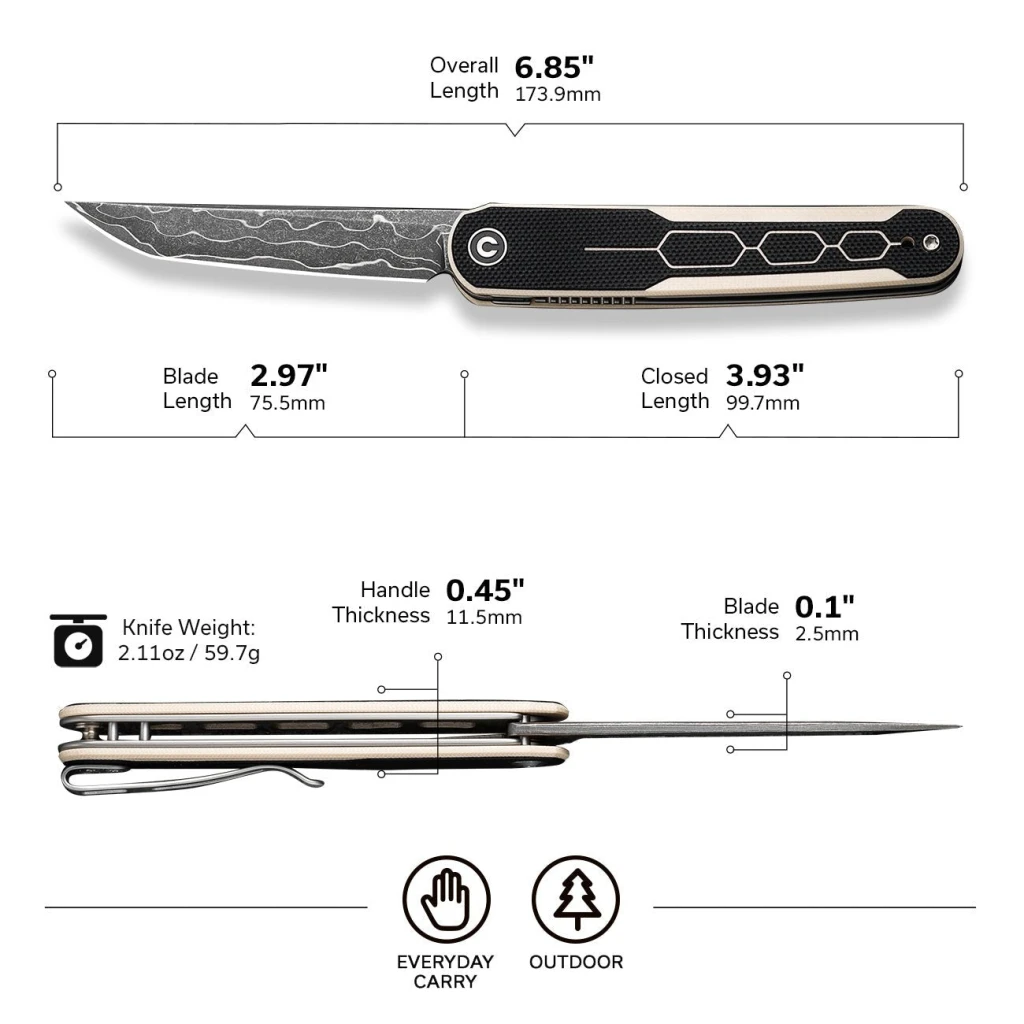 Cuțit pliabil, civivi, kwaiq c23015-ds1, lamă damascus 2.97 inch, mâner g10, liner lock 7