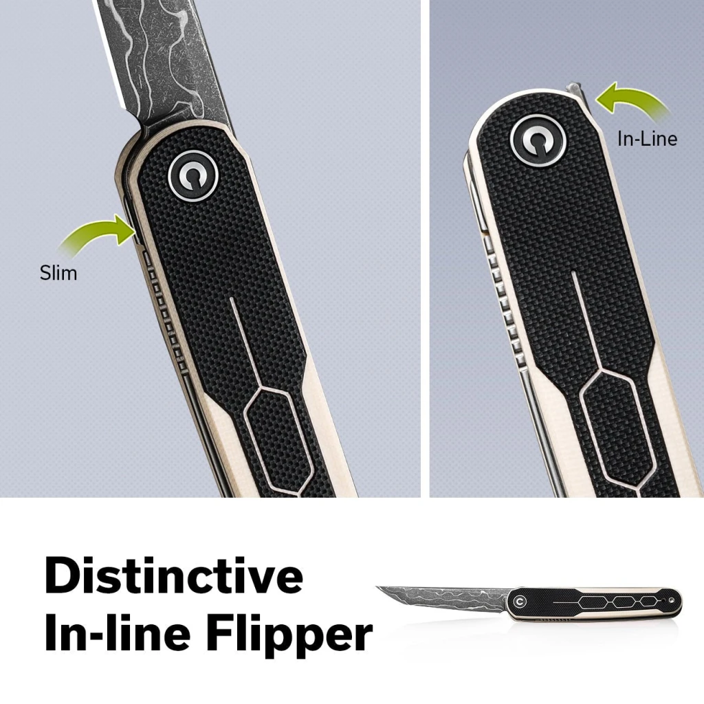 Cuțit pliabil, civivi, kwaiq c23015-ds1, lamă damascus 2.97 inch, mâner g10, liner lock 8