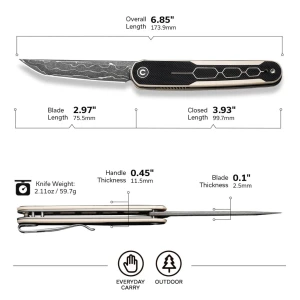 Cuțit pliabil, civivi, kwaiq c23015-ds1, lamă damascus 2.97 inch, mâner g10, liner lock Thumbnail 7