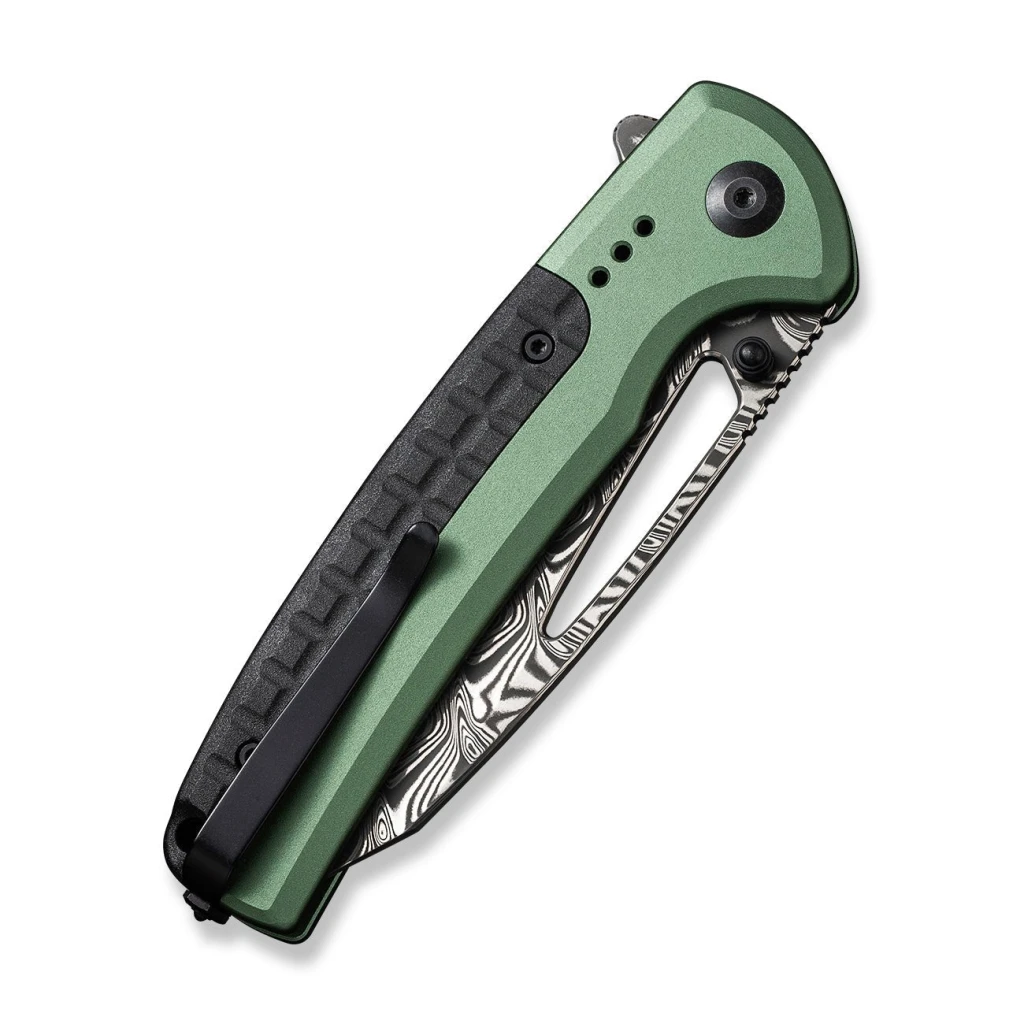 Cuțit pliabil, civivi, sentinel strike c22025b-ds1, lamă damascus 3.7 inch, mâner aluminiu verde, blocare tip button lock 3