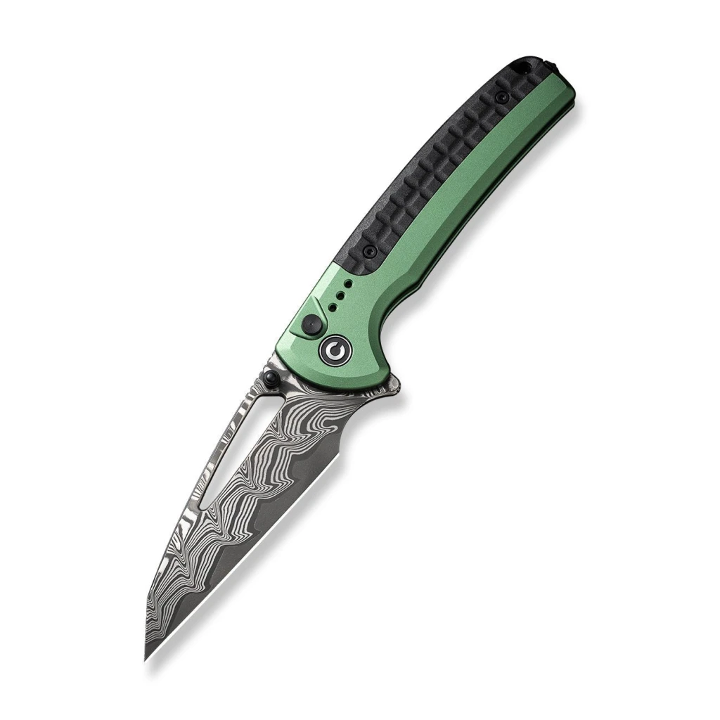 Cuțit pliabil, civivi, sentinel strike c22025b-ds1, lamă damascus 3.7 inch, mâner aluminiu verde, blocare tip button lock 12