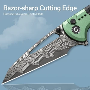 Cuțit pliabil, civivi, sentinel strike c22025b-ds1, lamă damascus 3.7 inch, mâner aluminiu verde, blocare tip button lock Thumbnail 7