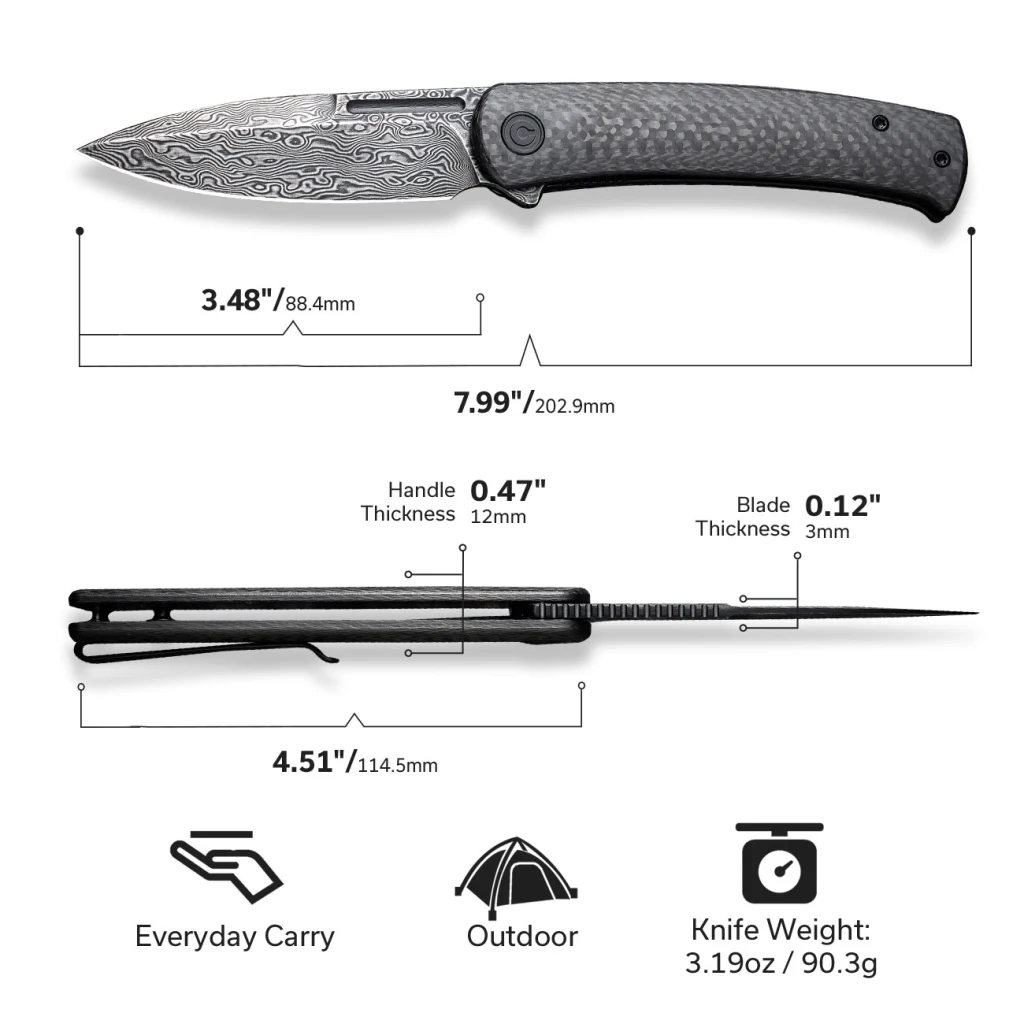 Cuțit pliabil, civivi, caetus c21025c-ds1, lamă damasc 3.48 inch, mâner carbon fiber, liner lock 8