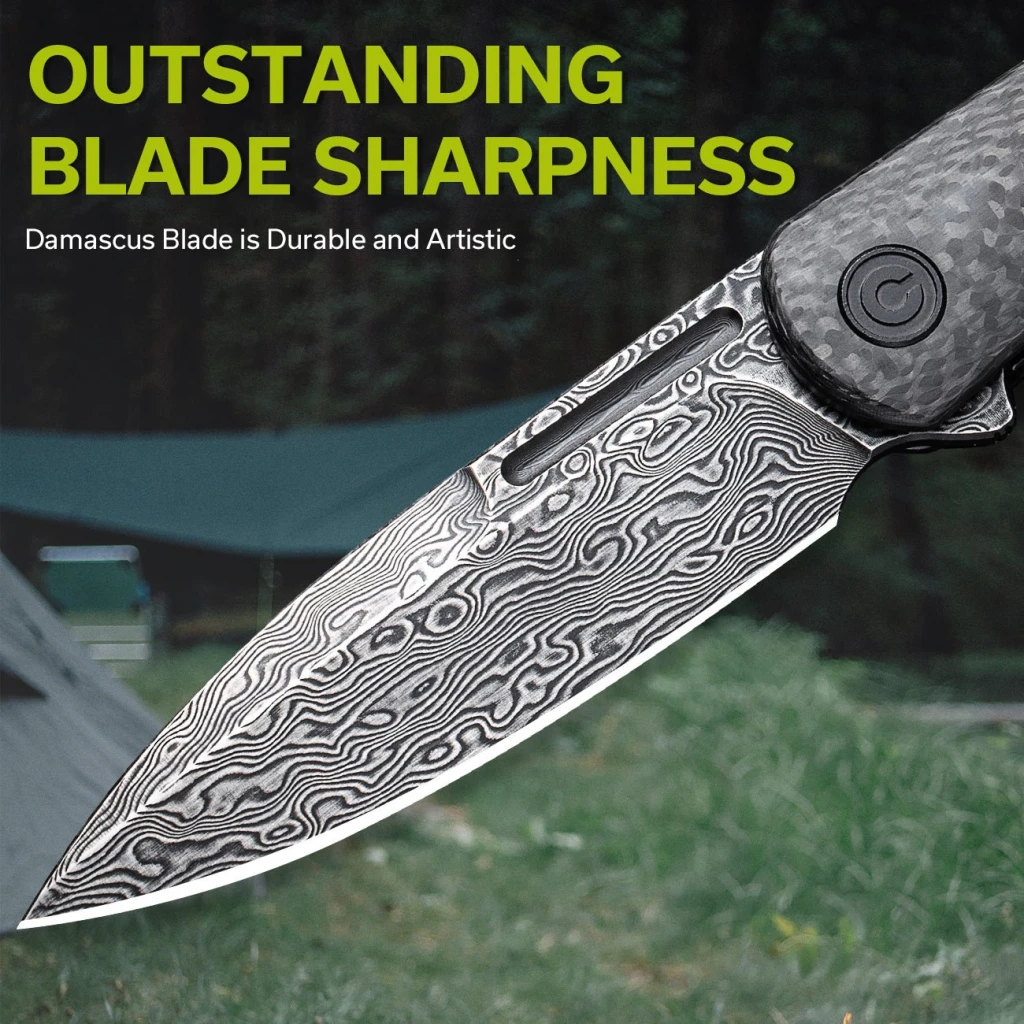 Cuțit pliabil, civivi, caetus c21025c-ds1, lamă damasc 3.48 inch, mâner carbon fiber, liner lock 9