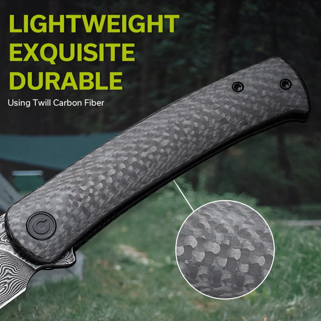 Cuțit pliabil, civivi, caetus c21025c-ds1, lamă damasc 3.48 inch, mâner carbon fiber, liner lock 10