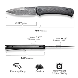 Cuțit pliabil, civivi, caetus c21025c-ds1, lamă damasc 3.48 inch, mâner carbon fiber, liner lock Thumbnail 8