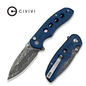 Складной нож, civivi, triptych c23085b-ds1, дамасская сталь 2.97 дюйма, рукоять canvas micarta синяя, замок button lock