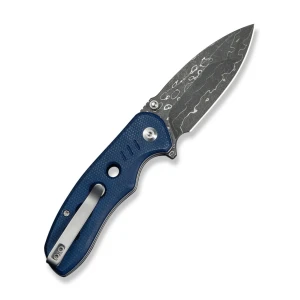 Складной нож, civivi, triptych c23085b-ds1, дамасская сталь 2.97 дюйма, рукоять canvas micarta синяя, замок button lock Thumbnail 13