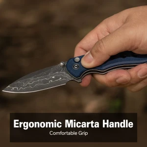 Складной нож, civivi, triptych c23085b-ds1, дамасская сталь 2.97 дюйма, рукоять canvas micarta синяя, замок button lock Thumbnail 9