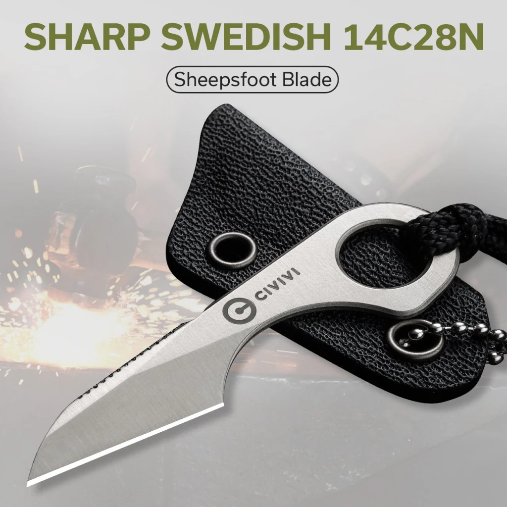 Cuțit cu lamă fixă, civivi, gramis c23004-2, oțel 14c28n, profil sheepsfoot, greutate 4.7g 9