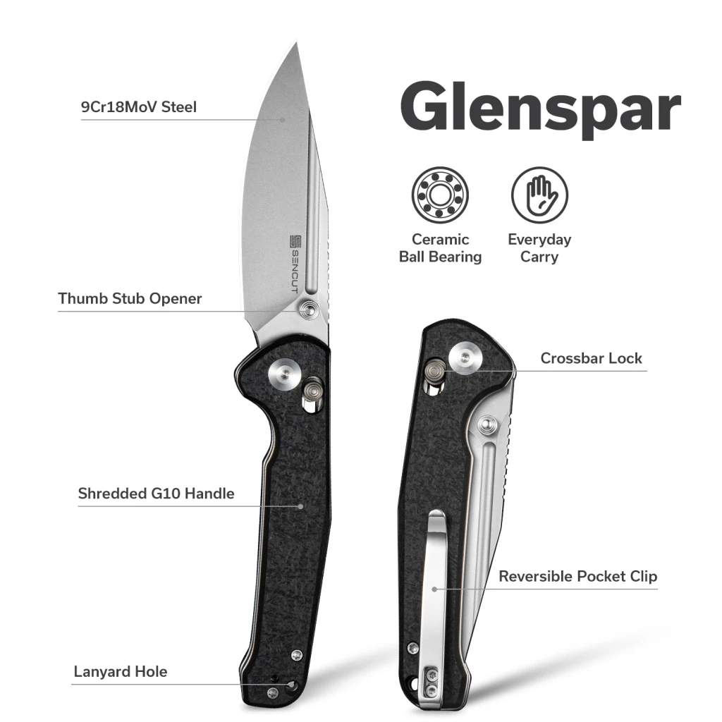 Cuțit pliabil, sencut, glenspar s25046-2, lamă 9cr18mov 3.45 inch, mâner g10 shredded negru, crossbar lock 13