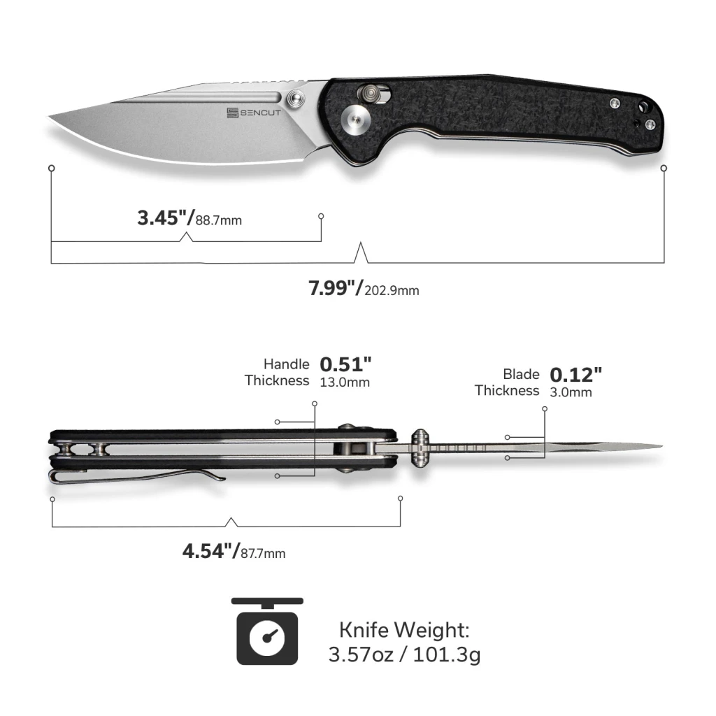 Cuțit pliabil, sencut, glenspar s25046-2, lamă 9cr18mov 3.45 inch, mâner g10 shredded negru, crossbar lock 14