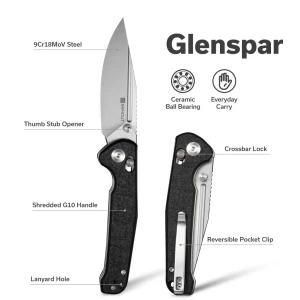 Cuțit pliabil, sencut, glenspar s25046-2, lamă 9cr18mov 3.45 inch, mâner g10 shredded negru, crossbar lock Thumbnail 13