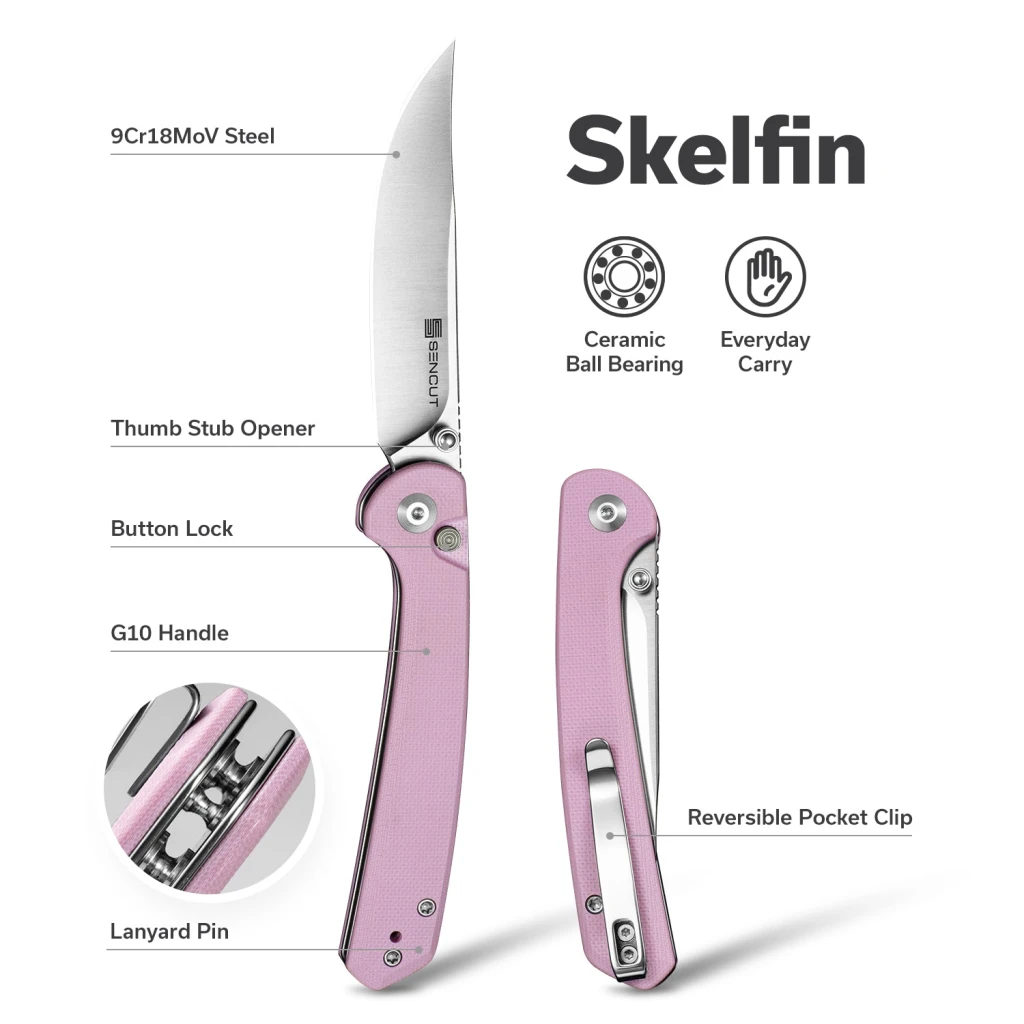 Складной нож, sencut, skelfin s25007-3, клинок 9cr18mov 3.3 дюйма, рукоять g10 розовая, button lock 13