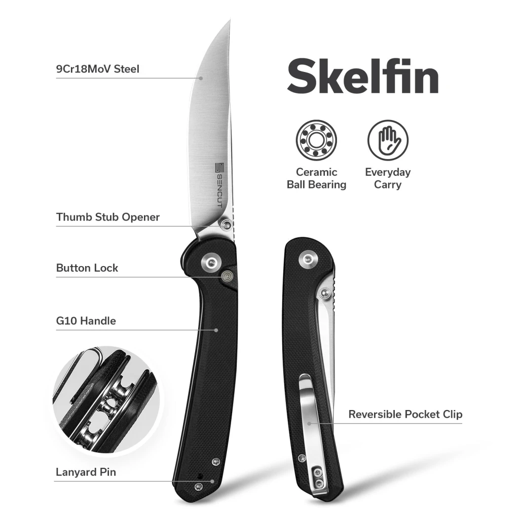 Складной нож, sencut, skelfin s25007-2, сталь 9cr18mov 3.3 дюйма, рукоять g10 черная, button lock 13