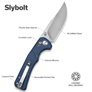 Cuțit pliabil, sencut, slybolt s25001a-2, lamă 9cr18mov 91.2mm, mâner canvas micarta albastru, crossbar lock Thumbnail 13