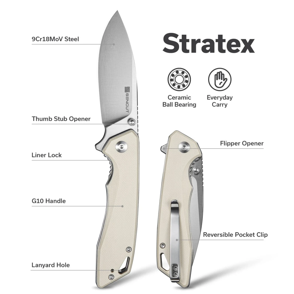 Cuțit pliabil, sencut, stratex s25055-2, lamă 9cr18mov 80.6mm, mâner g10 fildeș, liner lock 13