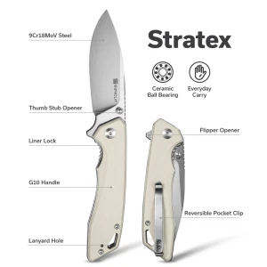 Cuțit pliabil, sencut, stratex s25055-2, lamă 9cr18mov 80.6mm, mâner g10 fildeș, liner lock Thumbnail 13