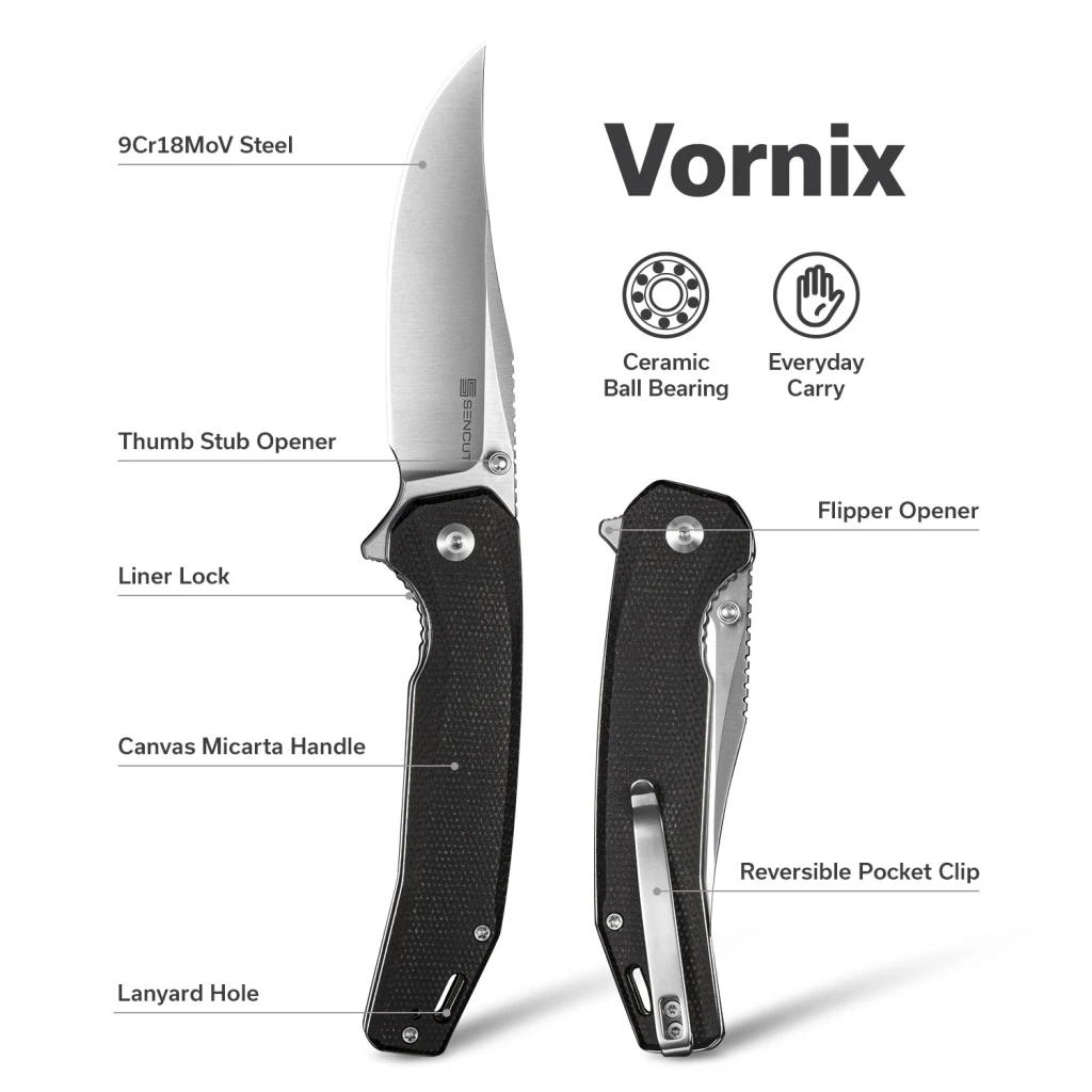 Складной нож, sencut, vornix s25038-2, клинок 9cr18mov 3.65 дюйма, рукоять canvas micarta черная, liner lock 13