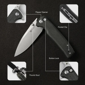 Складной нож, sencut, sachse s21007-1, сталь 9cr18mov 3.47 дюйма, рукоять микарта черная, button lock, керамические подшипники Thumbnail 9