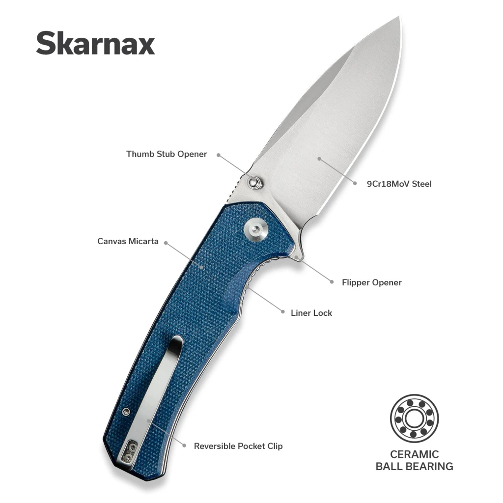 Складной нож, sencut, skarnax s24025-3, сталь 9cr18mov 3.79 дюйма, рукоять микарта синяя, лайнер-лок 8