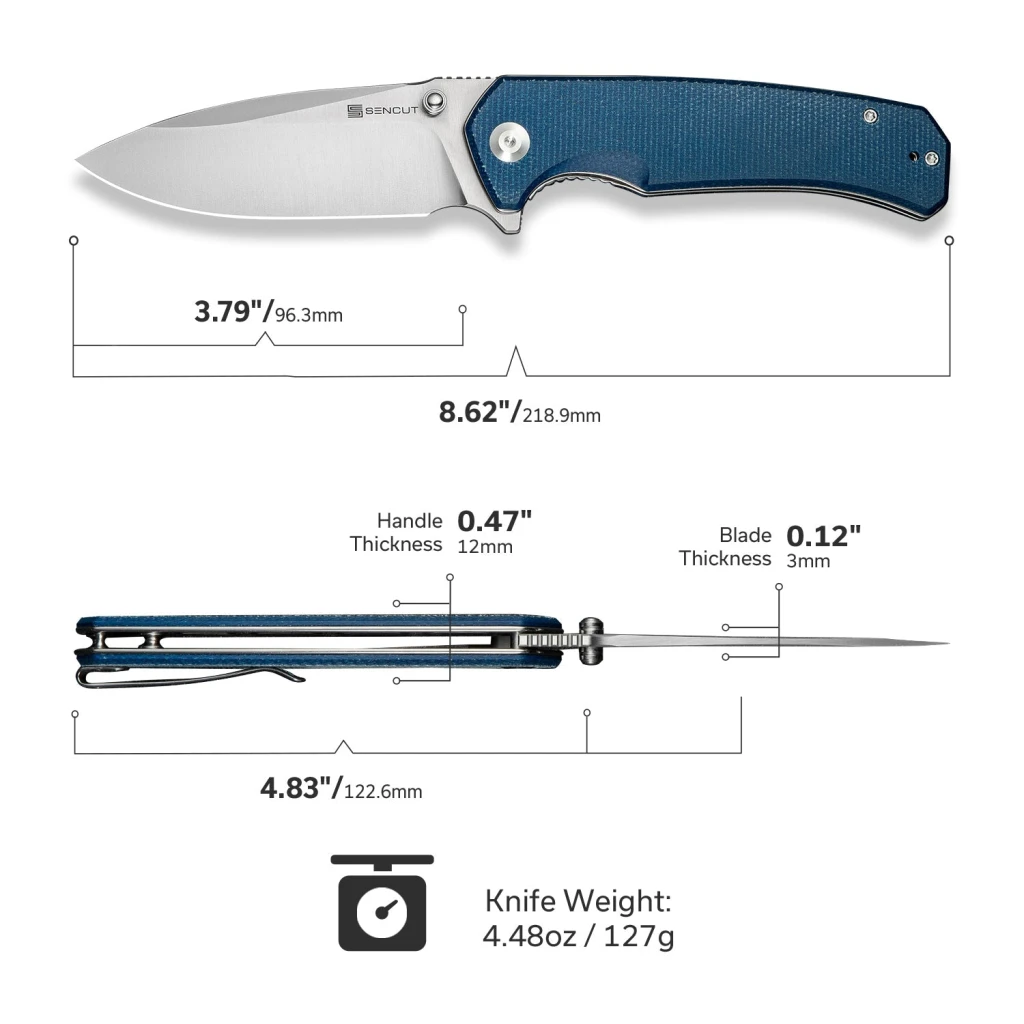 Складной нож, sencut, skarnax s24025-3, сталь 9cr18mov 3.79 дюйма, рукоять микарта синяя, лайнер-лок 7