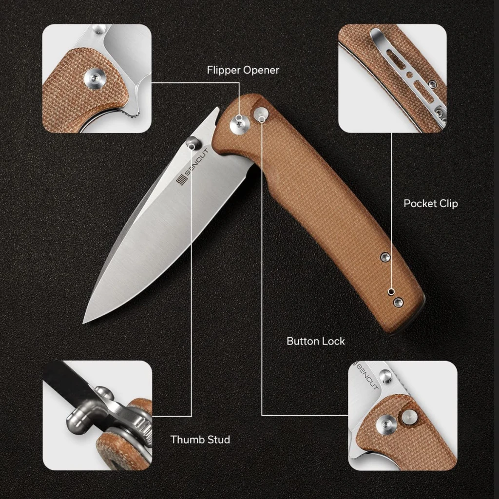 Складной нож, sencut, sachse s21007-3, сталь 9cr18mov 88.2мм, рукоять микарта коричневая, замок button lock 9