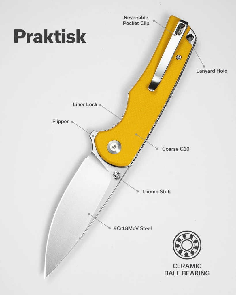 Cuțit pliabil, sencut, praktisk s24019-2, lamă 9cr18mov 91.3mm, mâner g10 galben, liner lock 11