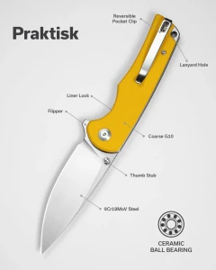 Cuțit pliabil, sencut, praktisk s24019-2, lamă 9cr18mov 91.3mm, mâner g10 galben, liner lock Thumbnail 11