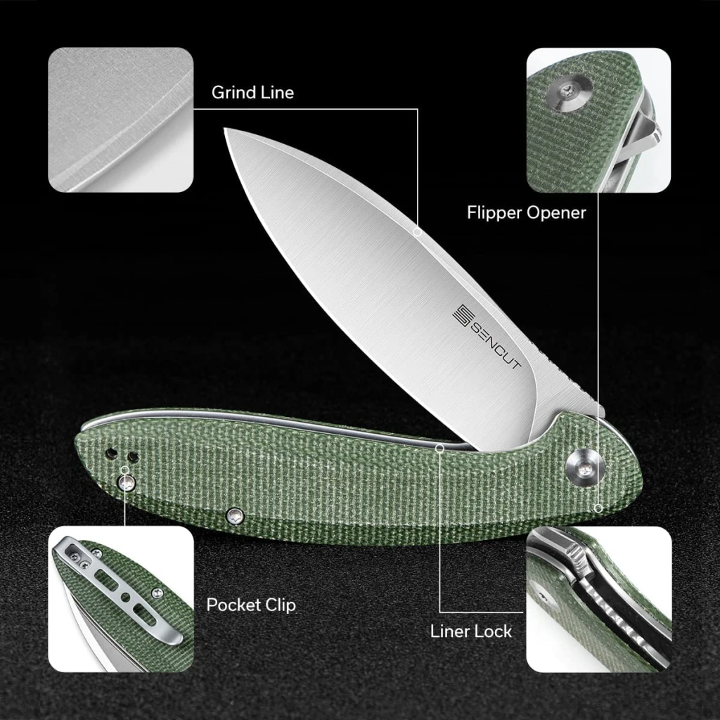 Cuțit flipper, sencut, san angelo s21003-3, lamă 9cr18mov 3.48 inch, mâner micarta, liner lock 9