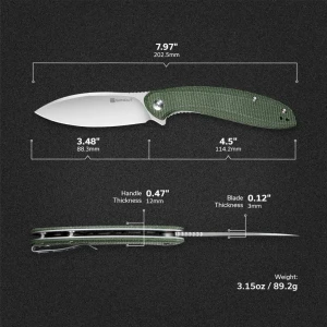 Cuțit flipper, sencut, san angelo s21003-3, lamă 9cr18mov 3.48 inch, mâner micarta, liner lock Thumbnail 8